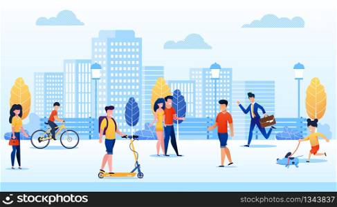 Park with Different People Flat Cartoon Vector Illustration. Man Moving on Scooter, Boy Riding Bicycle. Girl Walking with Dog. Businessman Hurrying up. Couple Spending Time Together.