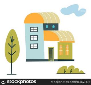 Park with trees and bushes by house, isolated apartments and homes of families. Accommodation and dwelling, condominium or dormitory exterior design and landscape or yard arrangement. Vector in flat. House with apartments and dwellings, tree park