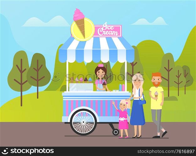 Park with trees and food truck vector, family consisting of father, mother and daughter buying cool dessert form shop. People spending vacation in forest. Family Buying Ice Cream from Street Shop in Park