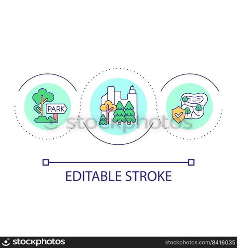 Park zones development loop concept icon. Nature at urban site. Place to rest and recreate in town abstract idea thin line illustration. Isolated outline drawing. Editable stroke. Arial font used. Park zones development loop concept icon