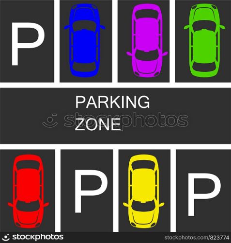 parked cars in a parking zone over dark asphalt background. stock vector illustration