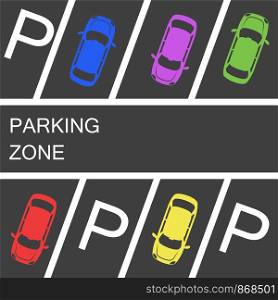 parked cars in a parking zone over dark asphalt background. stock vector illustration