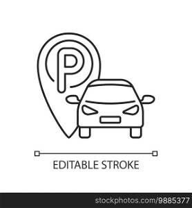 Parking area linear icon. Location that is designated for parking. Place your car in safe. Thin line customizable illustration. Contour symbol. Vector isolated outline drawing. Editable stroke. Parking area linear icon