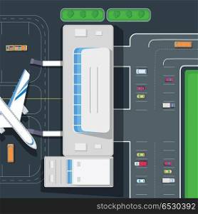 Parking at the Airport. Emplanement. Car space. Airplane, airport, automobiles, parking, runway on vector illustration. Passengers wait planting time at plane platform. Emplanement, luggage, car space. For scheme in airport, banner on websites