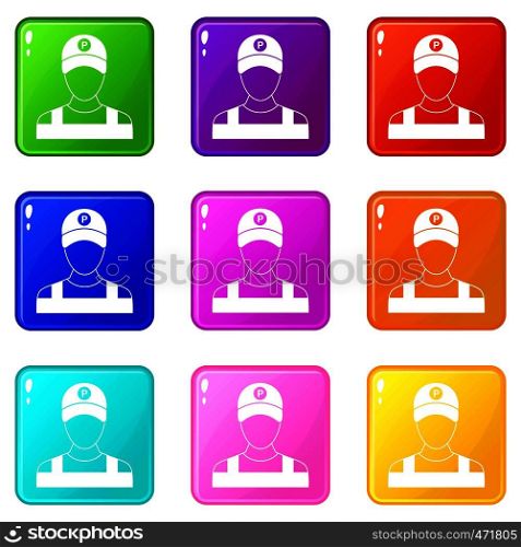 Parking attendant icons of 9 color set isolated vector illustration. Parking attendant icons 9 set