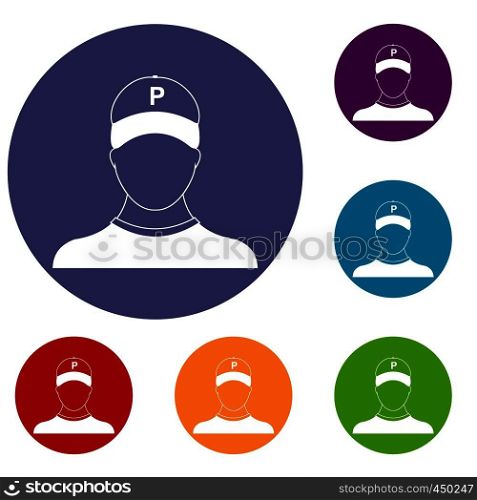 Parking attendant icons set in flat circle reb, blue and green color for web. Parking attendant icons set