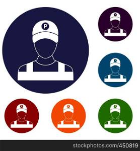 Parking attendant icons set in flat circle reb, blue and green color for web. Parking attendant icons set