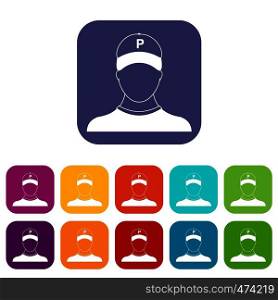 Parking attendant icons set vector illustration in flat style In colors red, blue, green and other. Parking attendant icons set