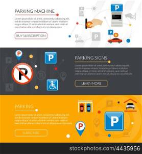 Parking Banners Set. Isolated flat horizontal banners set with parking signs equipment rules violations grouped in infographic style vector illustration