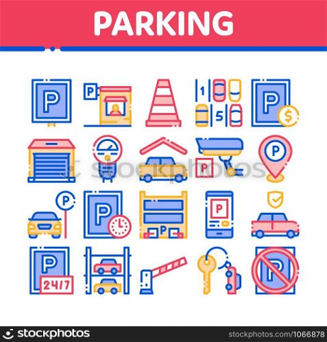 Parking Car Collection Elements Icons Set Vector Thin Line. Garage And Parking Mark, Video Camera And Automatic Barrier, Vehicle And Key Concept Linear Pictograms. Color Contour Illustrations. Parking Car Collection Elements Icons Set Vector