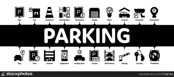 Parking Car Minimal Infographic Web Banner Vector. Garage And Parking Mark, Video Camera And Automatic Barrier, Vehicle And Key Concept Illustrations. Parking Car Minimal Infographic Banner Vector