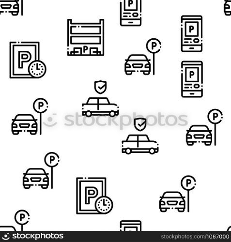Parking Car Seamless Pattern Vector Thin Line. Illustrations. Parking Car Seamless Pattern Vector
