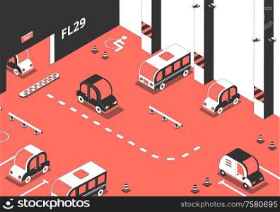 Parking composition with isometric images of cars inside the parking lot building with spots and marks vector illustration
