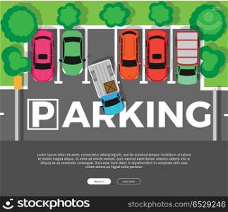 Parking Conceptual Web Banner. Car Park. Vector. Parking conceptual web banner. Car leaves the parking place. Parking lot or car park. City parking structure. Parkade. Shortage parking spaces. Large number of cars in crowded parking. Urban infrastructure. Vector