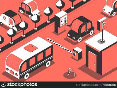 Parking entrance pay isometric composition with outdoor scenery toll gate and images of cars in queue vector illustration