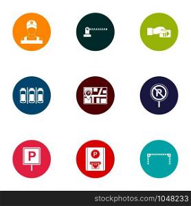 Parking facilities icons set. Flat set of 9 parking facilities vector icons for web isolated on white background. Parking facilities icons set, flat style