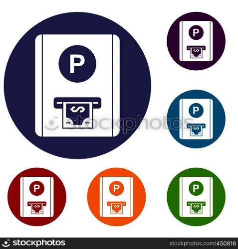 Parking fee icons set in flat circle reb, blue and green color for web. Parking fee icons set