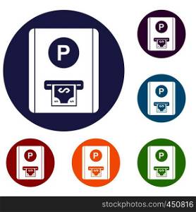 Parking fee icons set in flat circle reb, blue and green color for web. Parking fee icons set