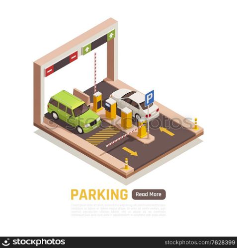 Parking garage entrance exit automatic sliding door ticket machine 2 cars isometric element web page vector illustration