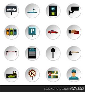 Parking icons set. Flat illustration of 16 parking vector icons for web. Parking icons set, flat style