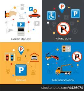 Parking Icons Set. Icon isolated flat conceptual parking set with different aspects of parking process vector illustration