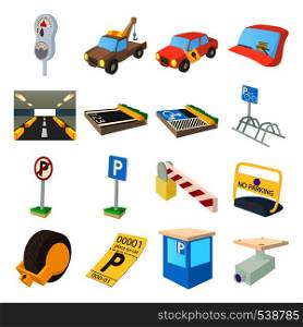 Parking icons set in cartoon style isolated on white background. Parking icons set