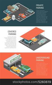 Parking Isometric Banners Set. Set of three car parking horizontal banners with isometric compositions of underground and surface car parks vector illustration