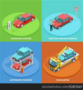 Parking Isometric Collection. Parking isometric collection with cars stopped in right and wrong positions vector illustration