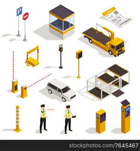Parking isometric set with traffic signs meter entrance ticket police officer tow truck evacuator booth vector illustration