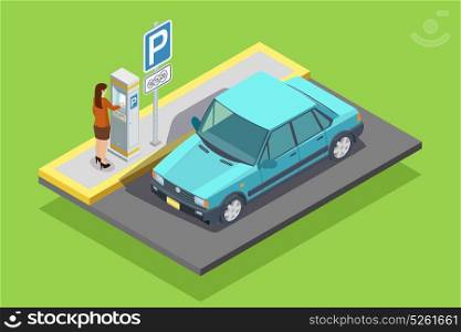 Parking Isometric Template. Parking isometric template with car roadsign and woman paying for place isolated vector illustration