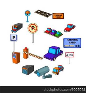 Parking items icons set. Cartoon illustration of 16 parking items vector icons for web. Parking items icons set, cartoon style