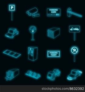 Parking items icons set. Illustration of 16 parking items vector icons neon color on black. Parking items icons set vector neon