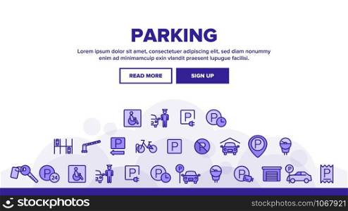 Parking Landing Web Page Header Banner Template Vector. Parking Service Sign And GPS Mark, Garage With Car And Bicycle, Key And Park Place Illustration. Parking Landing Header Vector