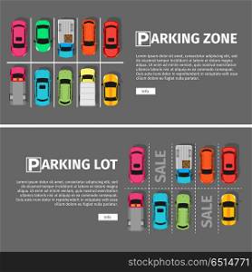Parking Lon and Zone Top View. City parking vector web banner. Flat style. Shortage parking spaces. Large number of cars in a crowded parking. Urban infrastructure and car boom. Parking lot and parking zone