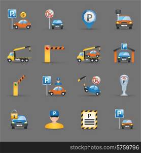Parking lot signs and automatic access control gates and barriers pictograms collection flat abstract isolated vector illustration. Parking facilities flat icons graphite background