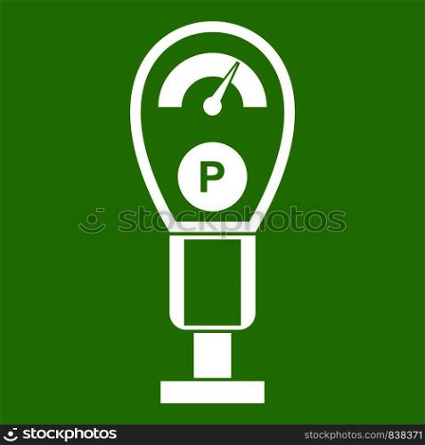 Parking meters icon white isolated on green background. Vector illustration. Parking meters icon green