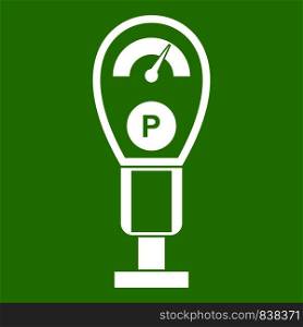 Parking meters icon white isolated on green background. Vector illustration. Parking meters icon green