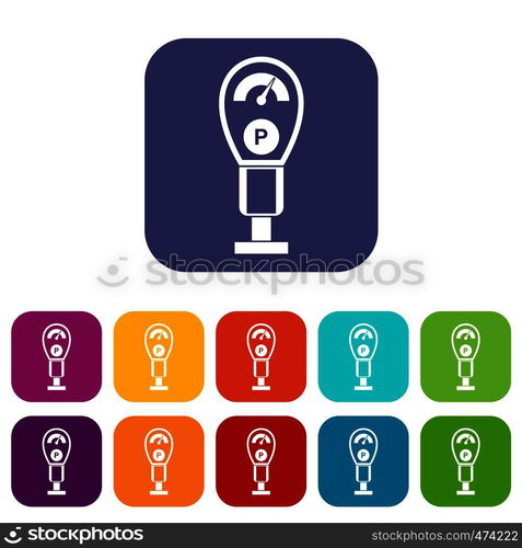 Parking meters icons set vector illustration in flat style In colors red, blue, green and other. Parking meters icons set