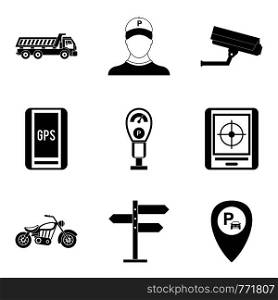 Parking monitoring icons set. Simple set of 9 parking monitoring vector icons for web isolated on white background. Parking monitoring icons set, simple style