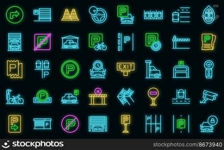 Parking place icons set outline vector. Park garage. Car bicycle vector neon. Parking place icons set outline vector. Park garage vector neon