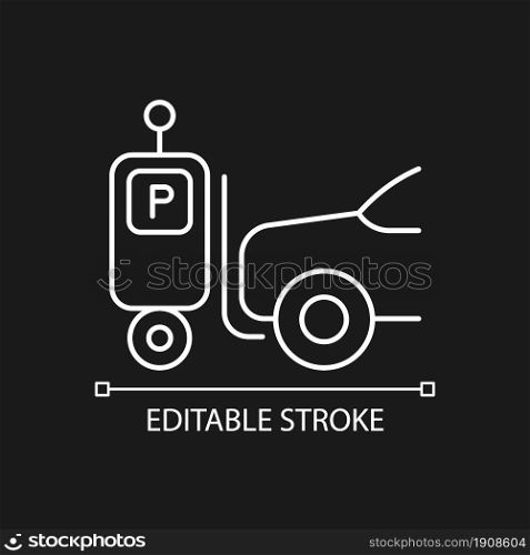 Parking robot white linear icon for dark theme. Self-driving forklift. Automated parking system. Thin line customizable illustration. Isolated vector contour symbol for night mode. Editable stroke. Parking robot white linear icon for dark theme