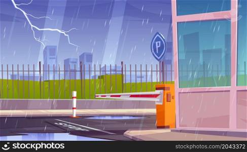 Parking security entrance at rainy weather, storm and lightnings. Closed private area access with fence, automatic car barrier, guardian booth, stop line and road sign, Cartoon vector illustration. Parking security entrance at rainy weather, storm