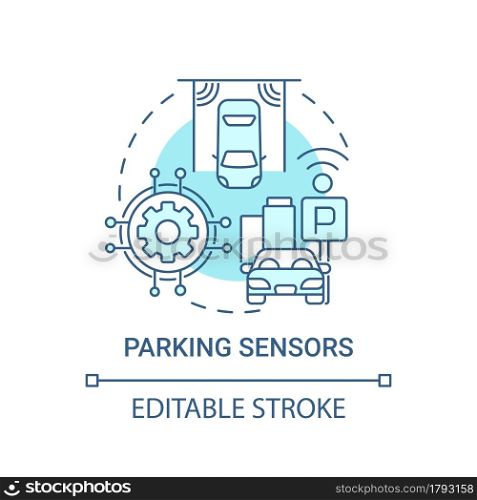Parking sensors blue concept icon. Radar parking system abstract idea thin line illustration. Detect available space for vehicle. Vector isolated outline color drawing. Editable stroke. Parking sensors blue concept icon