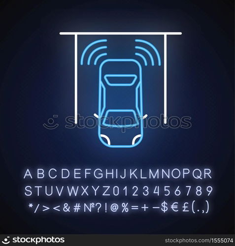 Parking sensors neon light icon. Smart driver assistance, automotive technology, driving safety. Outer glowing effect. Sign with alphabet, numbers and symbols. Vector isolated RGB color illustration. Parking sensors neon light icon