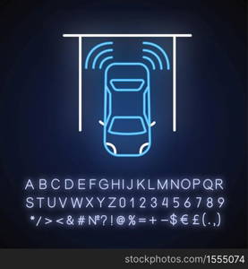 Parking sensors neon light icon. Smart driver assistance, automotive technology, driving safety. Outer glowing effect. Sign with alphabet, numbers and symbols. Vector isolated RGB color illustration. Parking sensors neon light icon