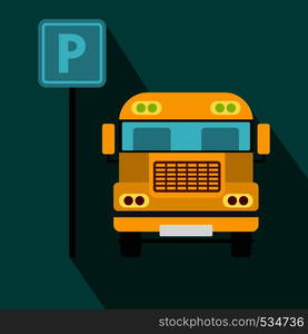 Parking sign and yellow bus icon in flat style on a blue background. Parking sign and yellow bus icon, flat style