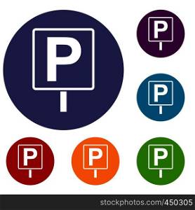 Parking sign icons set in flat circle reb, blue and green color for web. Parking sign icons set