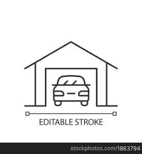 Parking space nearby linear icon. Residential garage. Accessible space for vehicles. Thin line customizable illustration. Contour symbol. Vector isolated outline drawing. Editable stroke. Parking space nearby linear icon