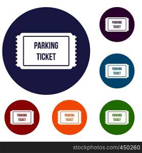 Parking ticket icons set in flat circle reb, blue and green color for web. Parking ticket icons set