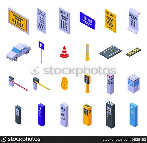 Parking ticket icons set isometric vector. Park car. Lot pay machine. Parking ticket icons set isometric vector. Park car